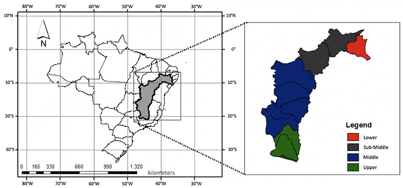 Sao Francisco River Basin and its four major subbasins (Upper SF, Middle SF, Sub-Middle SF, and Lower SF).