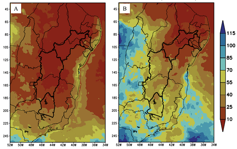 Monthly mean precipitation (mm/month) in Sao Francisco River Basin and sub-basins (thick contour), an average of 2001 to 2020 for A. September and B. October using MERGE data. Thin contours refer to the states.