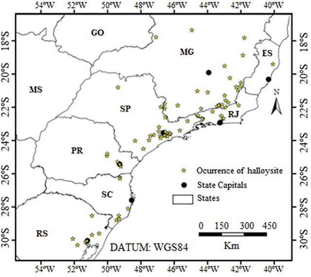Compilation of pegmatite deposits with halloysite occurrences in the South and Southeast regions of Brazil. Modified from Salgado Campos 2020.