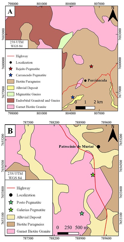 A. Lithostratigraphic map of a region near Porci�ncula showing the location of Rejeito pegmatite and Carrancudo pegmatite (modified from Noce et al. 2012); B. Lithostratigraphic map of a region near Patroc�nio do Muria� showing the location of Posto pegmatite and Galerias pegmatite (modified from Romano & Noce 2003).