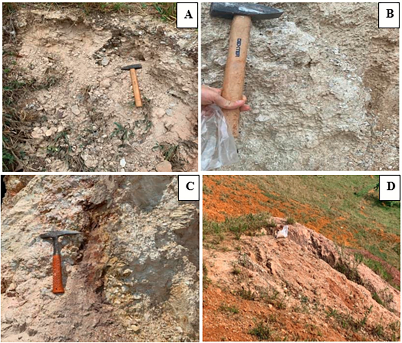 Photographs of studied pegmatites: A. Image of Rejeito pegmatite showing tailings where the samples were obtained; B. Carrancudo pegmatite sampling site with the occurrence of kaolin; C. Detail of the sampling site showing the occurrence of kaolin in Posto pegmatite; D. View of Galerias pegmatite depicting old workings.