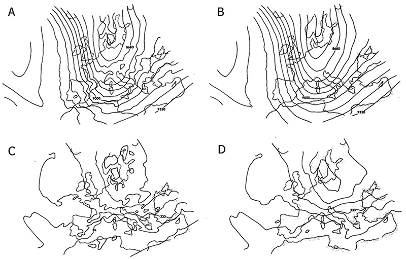 A 48-h simulation: A. 300 hPa geopotential heights using the sigma system; B. 300 hPa geopotential heights using the eta system; C. 300 hPa temperatures using the eta system; D. 300 hPa temperatures using the sigma system. Contour intervals are 80 m for geopotential heights, and 2.5�K for temperature. From (
                                
                            Mesinger et al. 1988).
                        