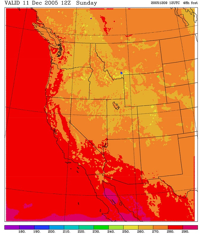 Temperatures (K) of the lowest temperature cells of a 48-h forecast with the &ldquo;sloping steps&rdquo; Eta, using a finite-difference &ldquo;Lorenz-Arakawa&rdquo; centered slantwise temperature advection scheme.