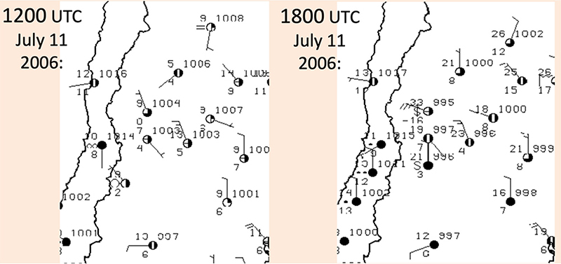 Sections of surface maps illustrating a case of an intense &ldquo;zonda&rdquo; windstorm in the lee of the Andes. Warming from 9 to 33�C in 6 h is seen at the station San Juan, 630 m above sea level, close to the middle of the above sections. Valid times are displayed in the top left corner of the maps.