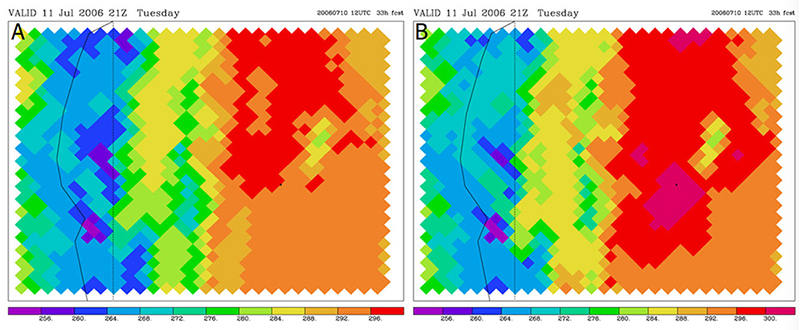 Forecast lowest cell temperatures (K) at 33 h of the case discussed in Section 9 of (
                                
                            Mesinger et al. 2012)
                                
                            : A. Result obtained using Equation 3 for both the slantwise and the vertical advection; B. Result with these advections replaced by the finite-volume versions
                                
                            . The roughly vertical line on the left sides of the plots is the Chile-Argentina border, while the straight line is the 70�W meridian. The small cross to the right of the centers of plots shows the place of the San Juan station.
                        