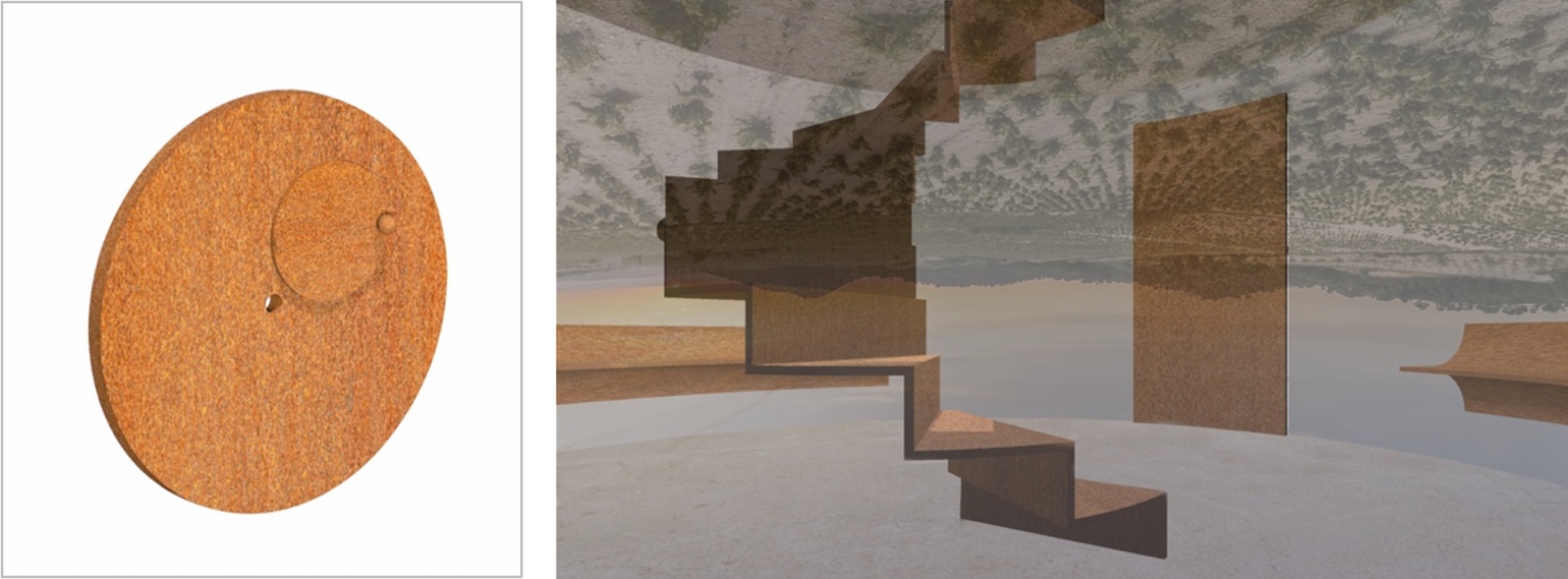 A la izquierda, detalle del modelado 3D de uno de los estenopos. A la derecha, proyecci�n de imagen especular del paisaje en pared interior.