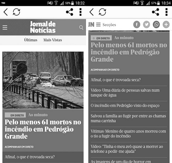 Capturas de telas da Web m&oacute;vel do JN do dia 18 de junho de 2017