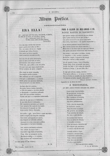 A se&ccedil;&atilde;o "Album Poetico" reunia o g&ecirc;nero predominante em "O Guayba".
							P&aacute;gina da edi&ccedil;&atilde;o de 28 de junho de 1857