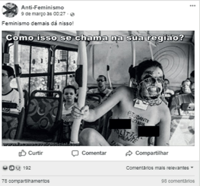 Publica&ccedil;&atilde;o da p&aacute;gina &ldquo;Anti-Feminismo&rdquo; que mostra uma militante protestando seminua