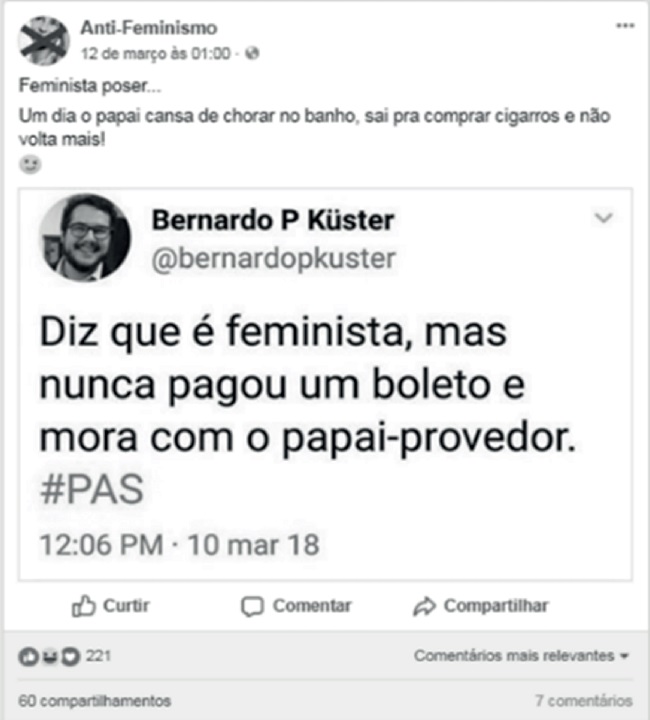 Publica&ccedil;&atilde;o da p&aacute;gina &ldquo;Anti-Feminismo&rdquo; que desmerece as feministas como irrespons&aacute;veis e dependentes dos homens