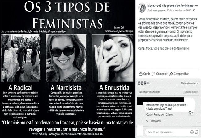 Publica&ccedil;&atilde;o da p&aacute;gina &ldquo;Mo&ccedil;a, voc&ecirc; n&atilde;o precisa do feminismo&rdquo; que apresenta 3 tipos de feministas