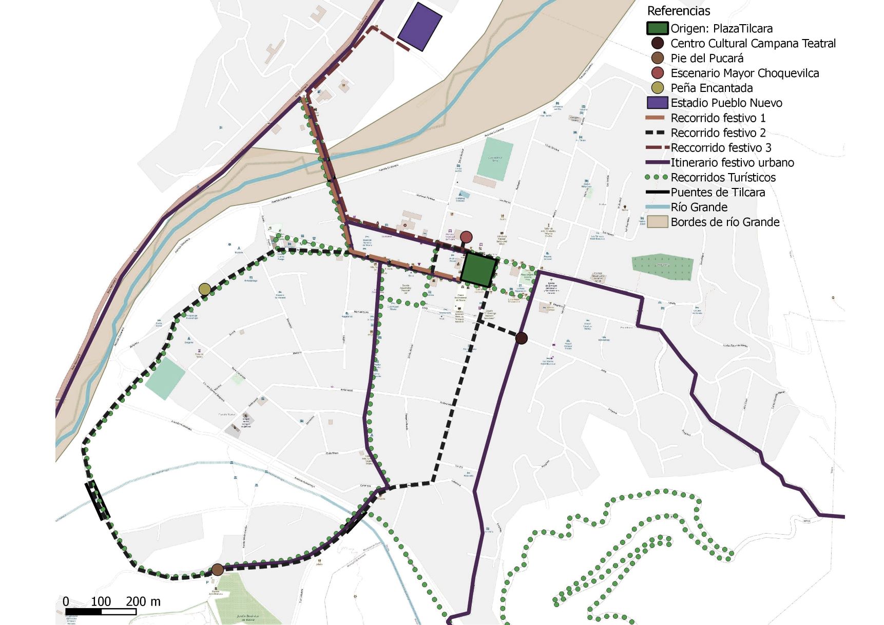 S�ntesis de las transformaciones temporarias y permanentes que ocurren el espacio urbano durante el Enero Tilcare�o. Relaci�n con fiestas tilcare�as y turismo. Esc: 1: 8.000