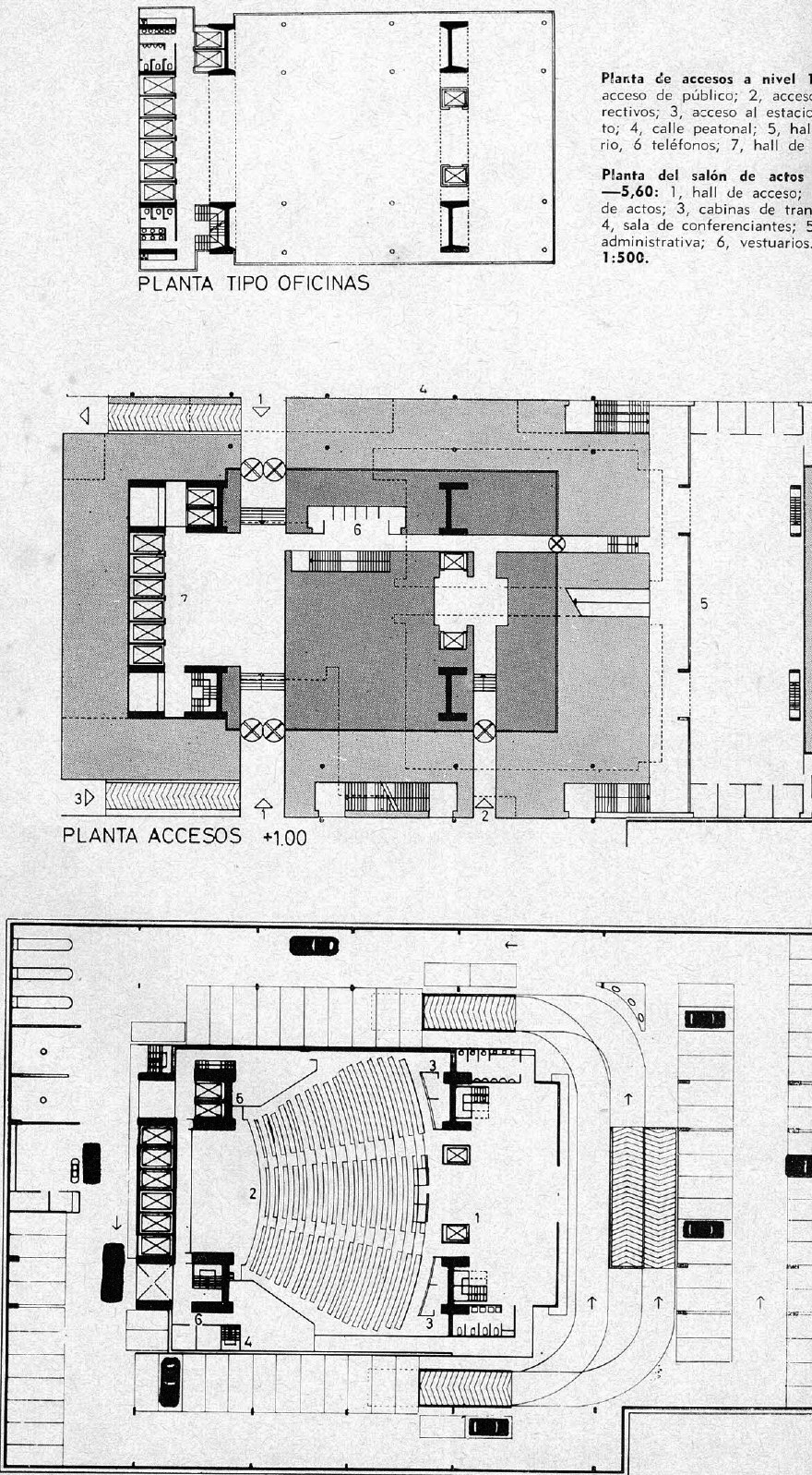 Planta tipo oficinas, accesos (+1,00 m) y sal�n de actos (-5,60 m) Primer premio: Arqs. Flora Manteola, Josefina Santos, Ignacio Petchersky, Javier Sanchez Gomez, Justo Solsona y Rafael Vi�oly