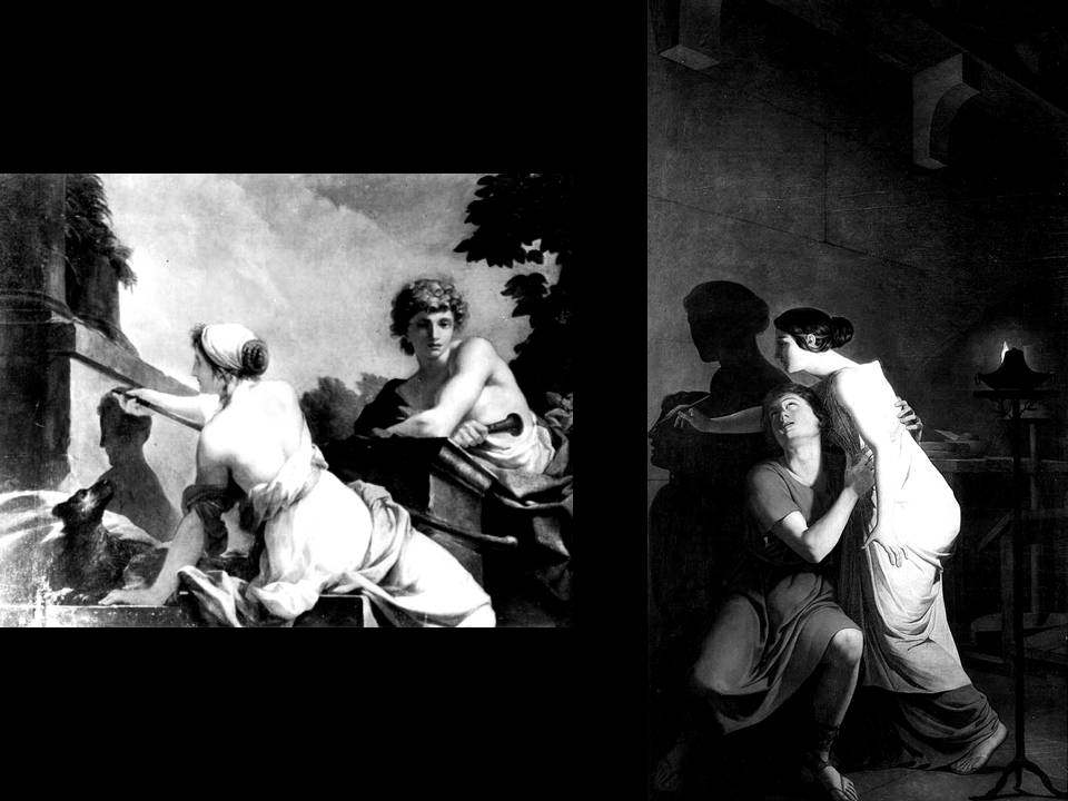 El origen de la pintura, Jean–Baptiste Regnault (1786). El origen del dibujo, Joseph Benot–Suve (1791)