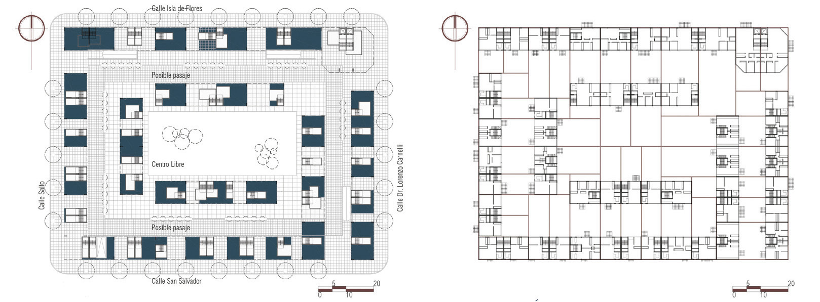Configuraciones de manzana residencial. Espacio residencial y semip�blico. Construcci�n progresiva lote a lote