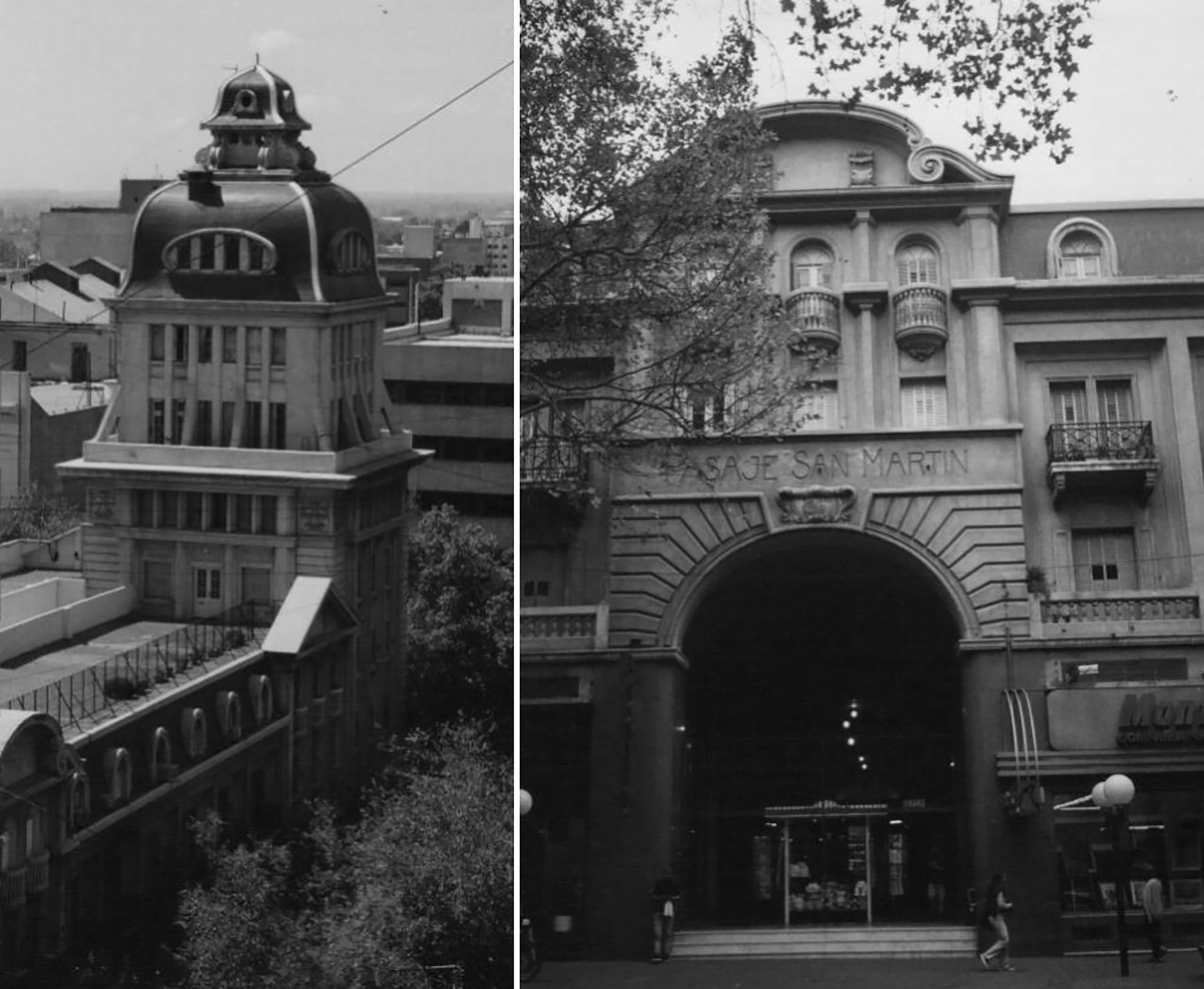 El pasaje San Mart�n, primer edificio sismorresistente en altura de Mendoza. Torre de ocho niveles (izquierda) y acceso del edificio por avenida San Mart�n (derecha).