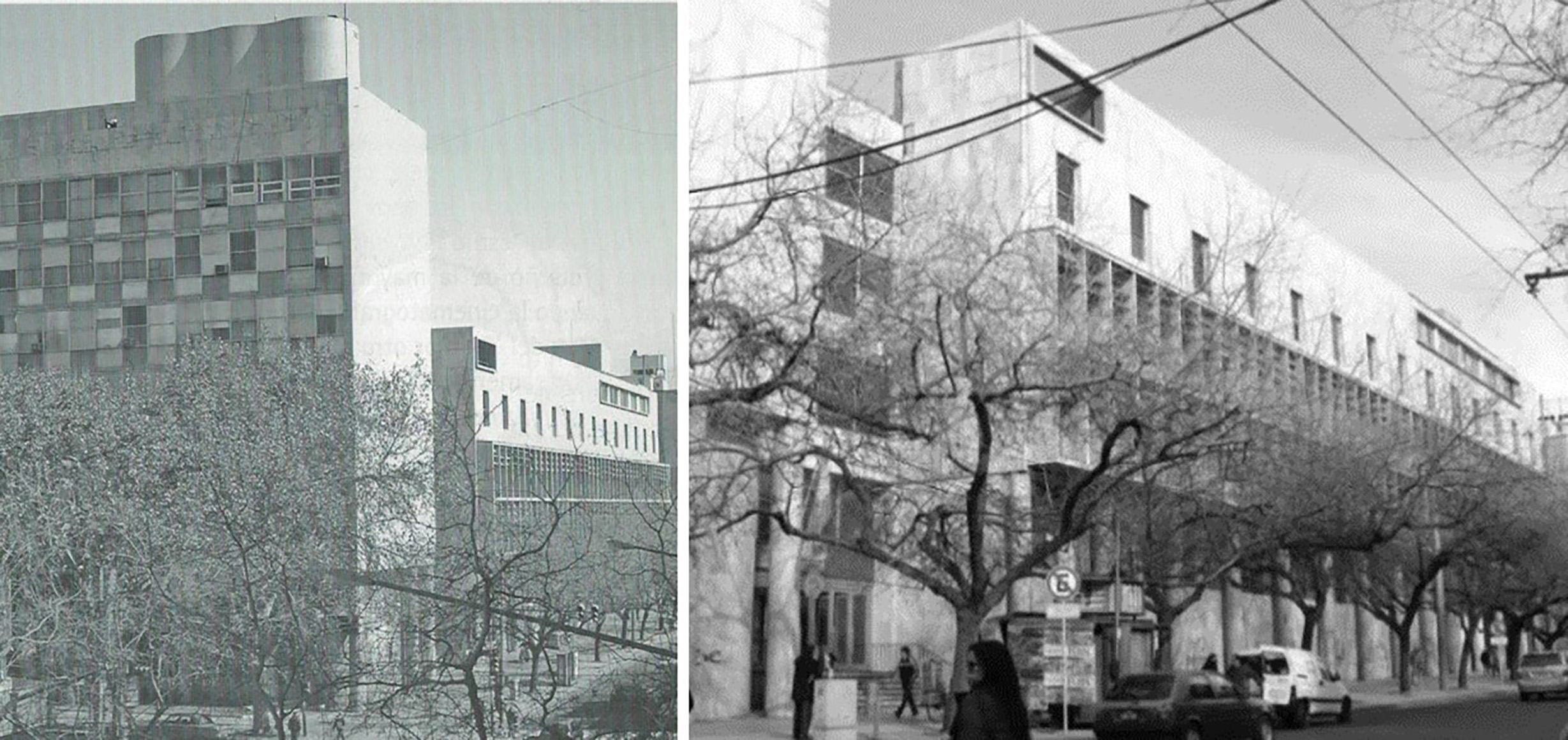 Im�genes del Correo Central, donde se puede ver el tanque sinuoso en altura (imagen a la izquierda) y la modulaci�n de los parasoles (imagen a la derecha).