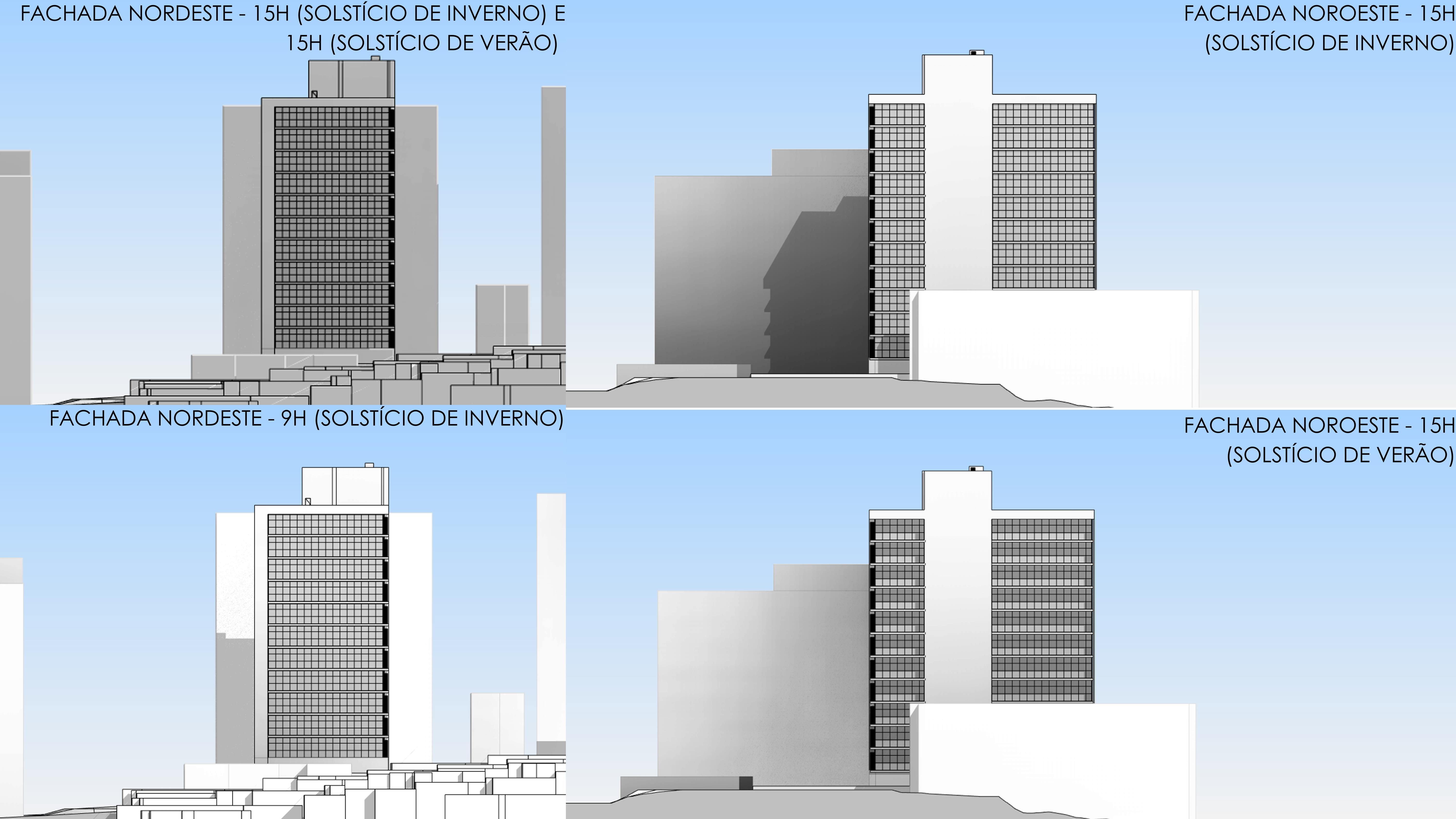 Estudo de sombreamento em horrios crticos durante solstcios em fachadas  nordeste e noroeste.