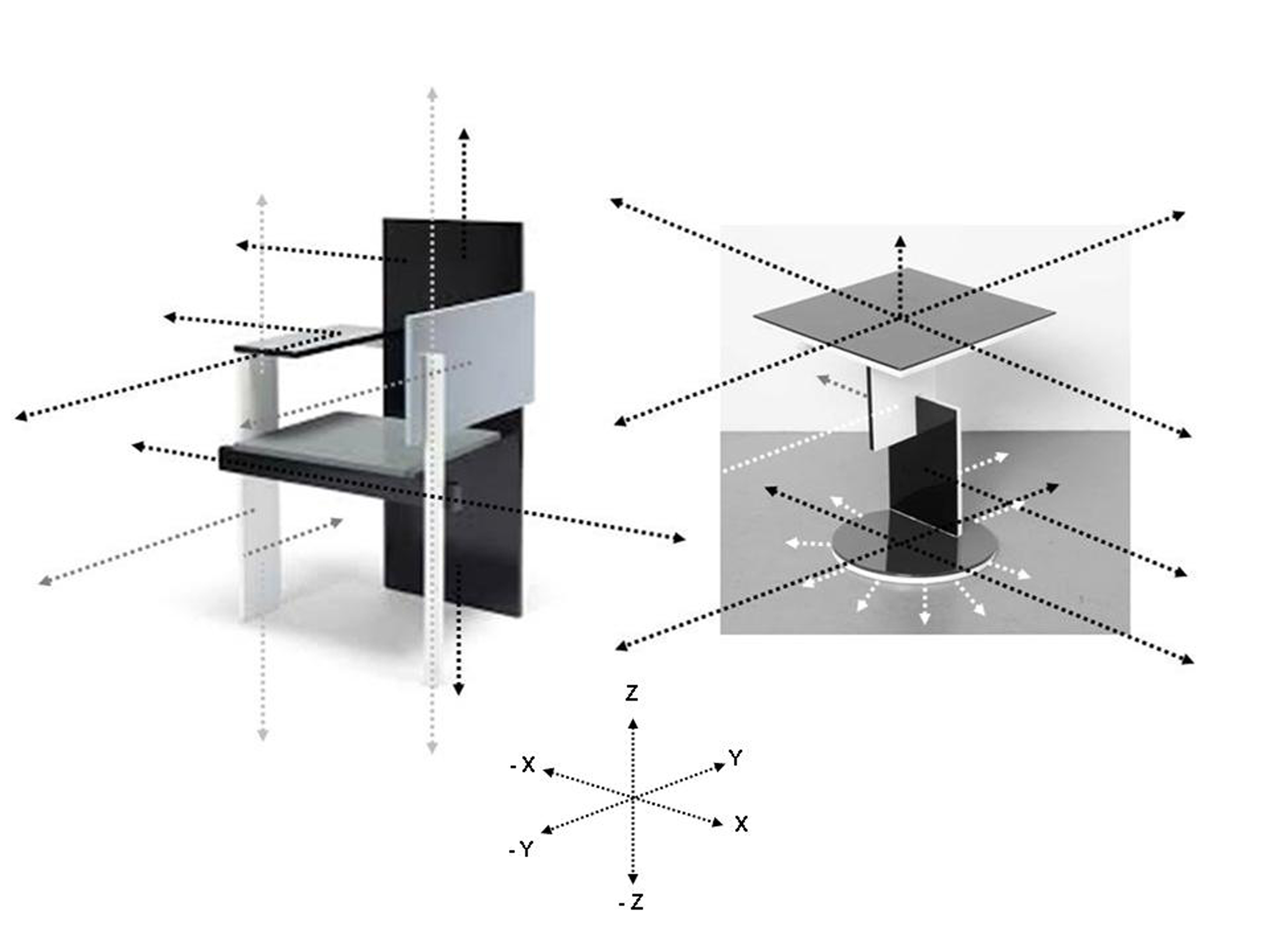 Silla Berl�n, Gerrit Rietveld, 1923. Mesa Schr�der, 1922, sobre dibujo del autor.