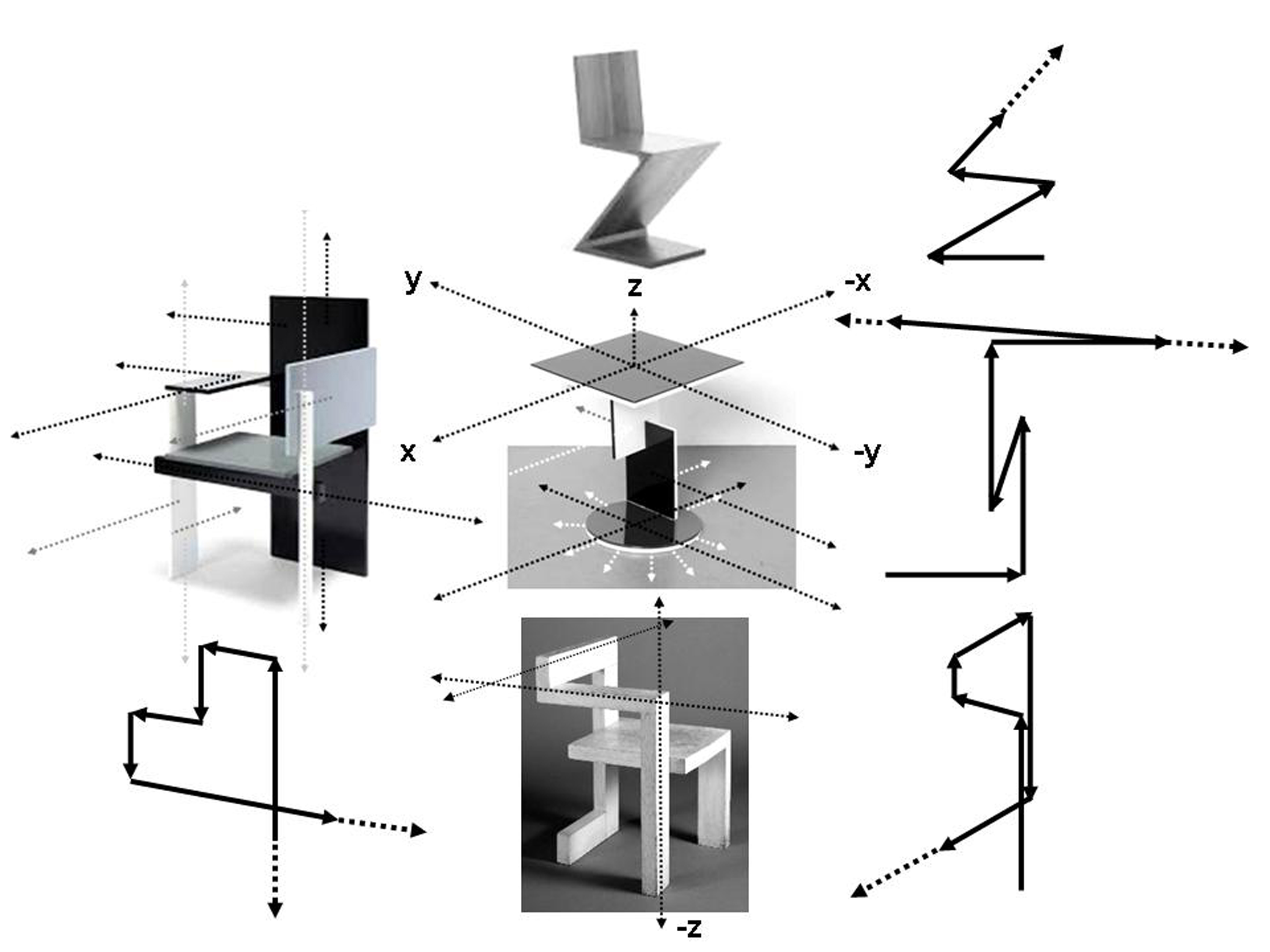 Esquemas que interpretan el movimiento sugerido por distintas piezas proyectadas por Gerrit Rietveld: Silla zig zag, Silla Berl�n, Mesa de la Casa Schr�der, Silla Steltman.