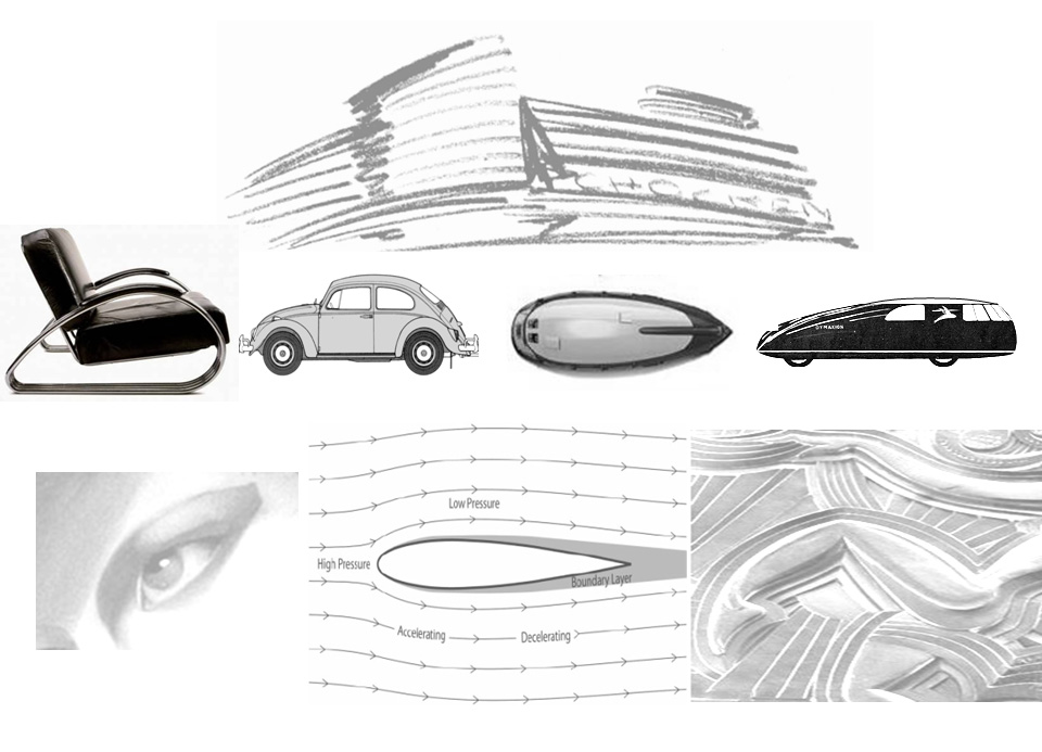 Composici�n del autor.Erich Mendelsohn, Shocken Departament Store, 1928 &ndash; croquis. Kem Weber, Sill�n stremline Lounge Chair, 1934.Ferdinand Porsche, Volkswagen Porsche Tipo 12, 1934. Buckminster F�ller, Dymaxion Car, 1933.Streamlined