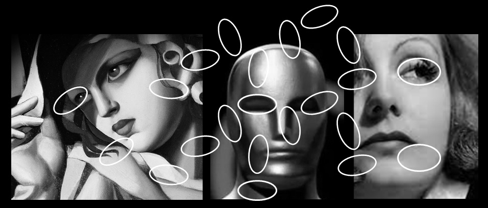 Composici�n del autor Tamara de Lempicka, Muchacha con guantes (fragmento), 1930George Stanlez, Estatuilla del �scar (detalle), 1927Greta Garbo, 1930.