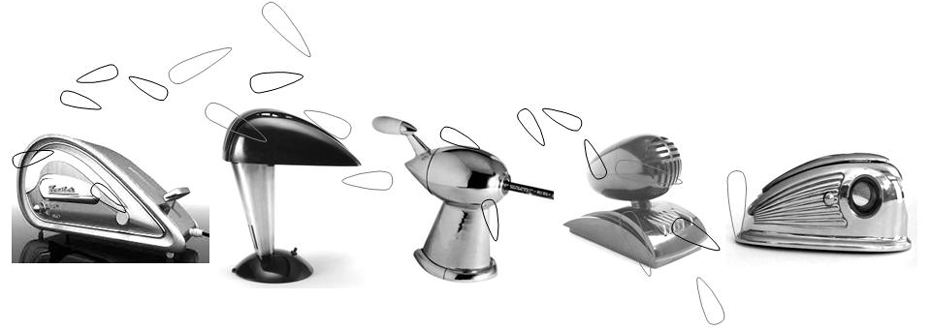 Composici�n del autor. Objetos de uso dom�stico: tostadora, l�mpara, sacapuntas, micr�fono, cortadora de cigarros, todos con formas propias del streamlining