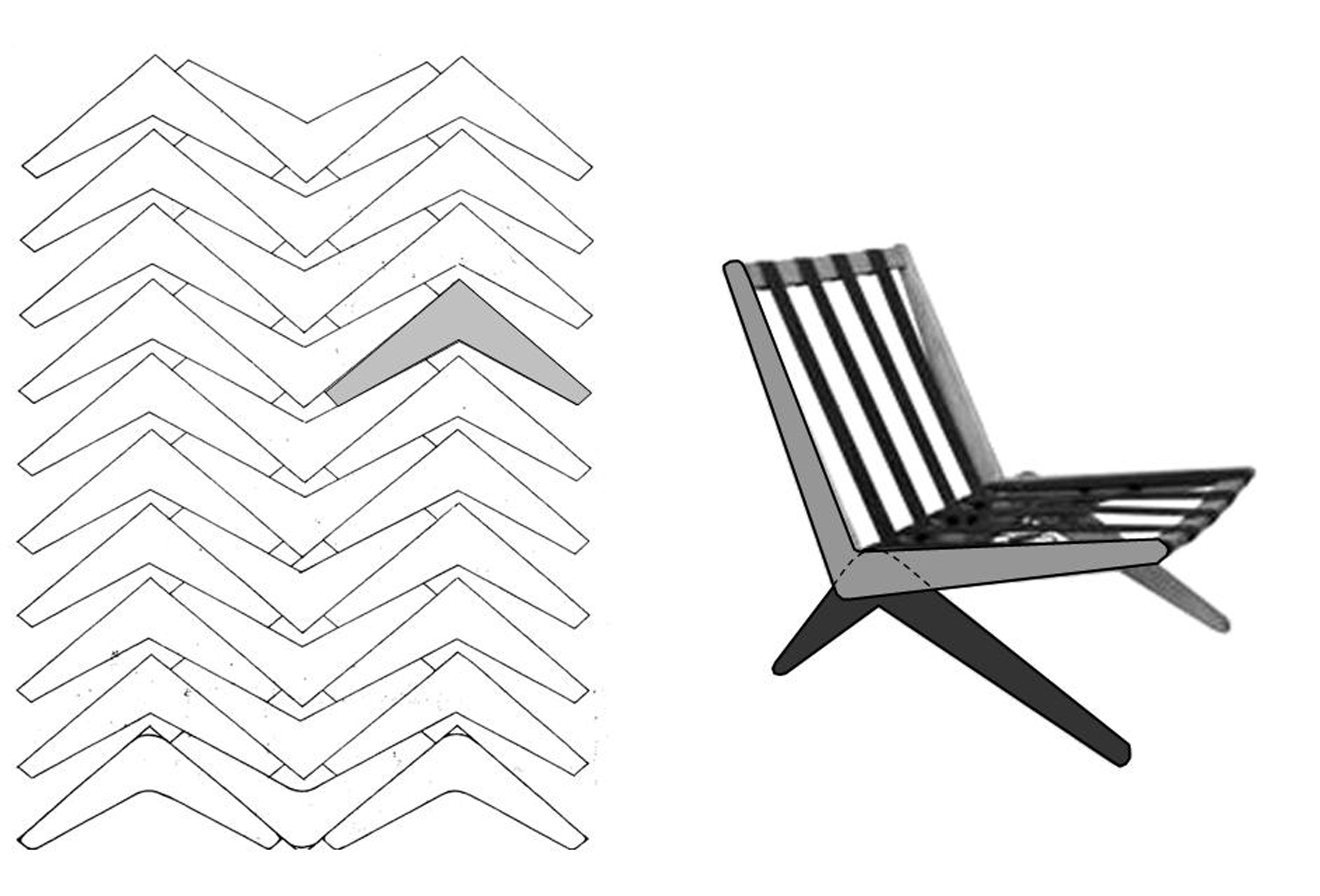 Composici�n del autor. Plantilla para cortar componentes con forma de boomerang.Pierre Jeanneret, Silla tijera, 1947.