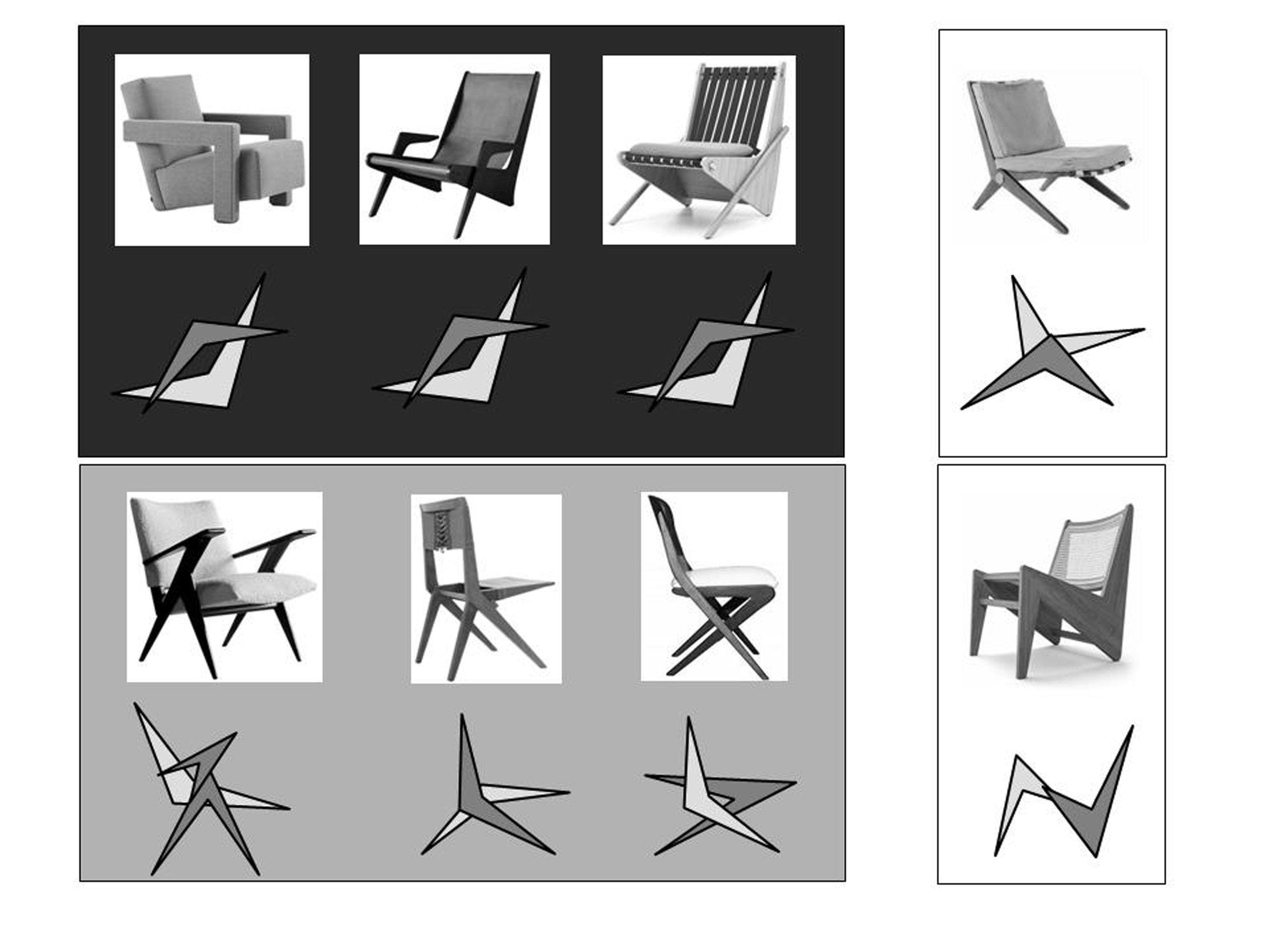 Dibujos y composici�n del autor Esquemas de diferentes usos de la forma boomerang en muebles de distintos dise�adores.