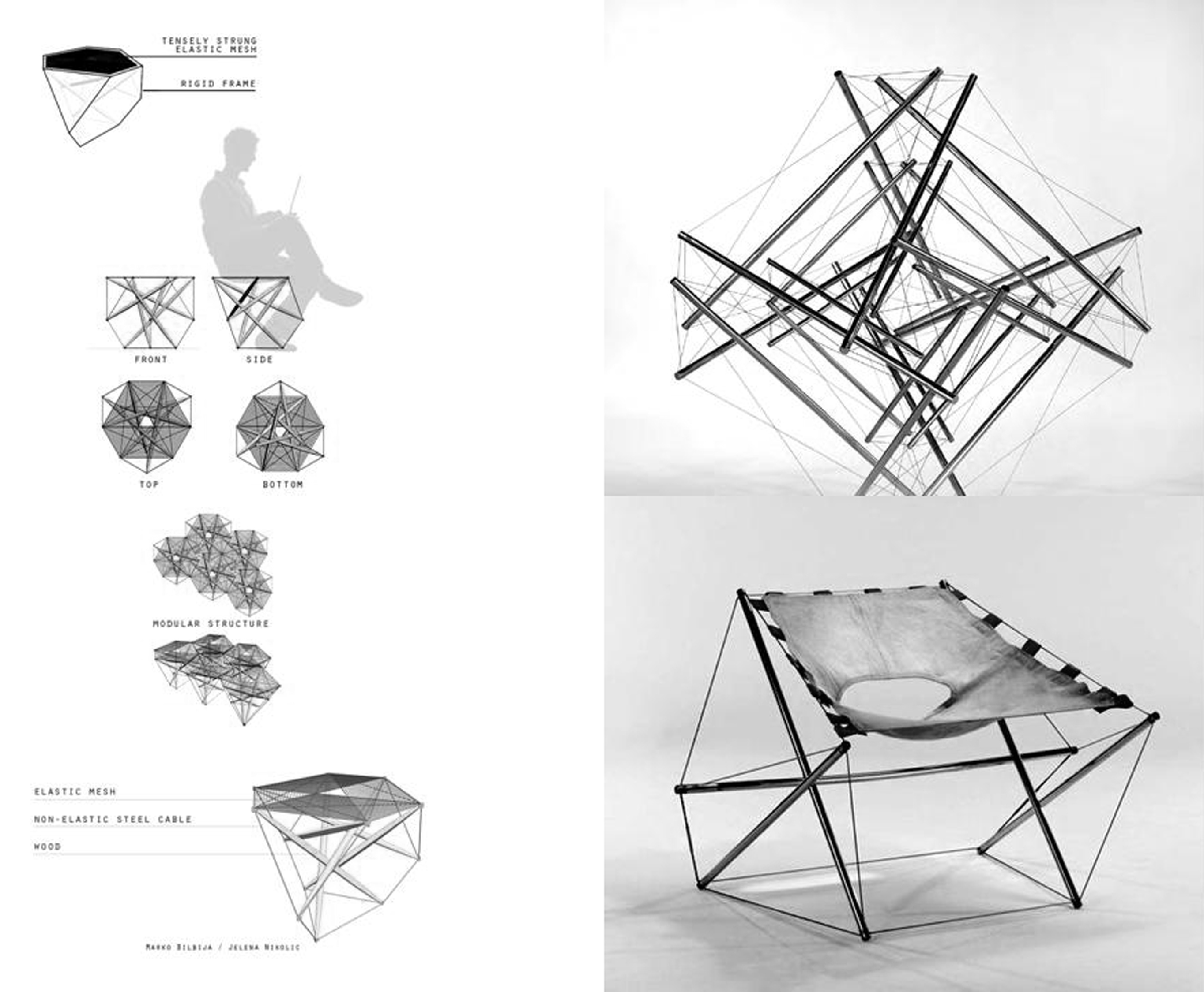 Composici�n del autor Kenneth Snelson, Double Shell Form, 1979.Jacques&ndash;Henri Varichon, Galaxie Chair, 1969. 