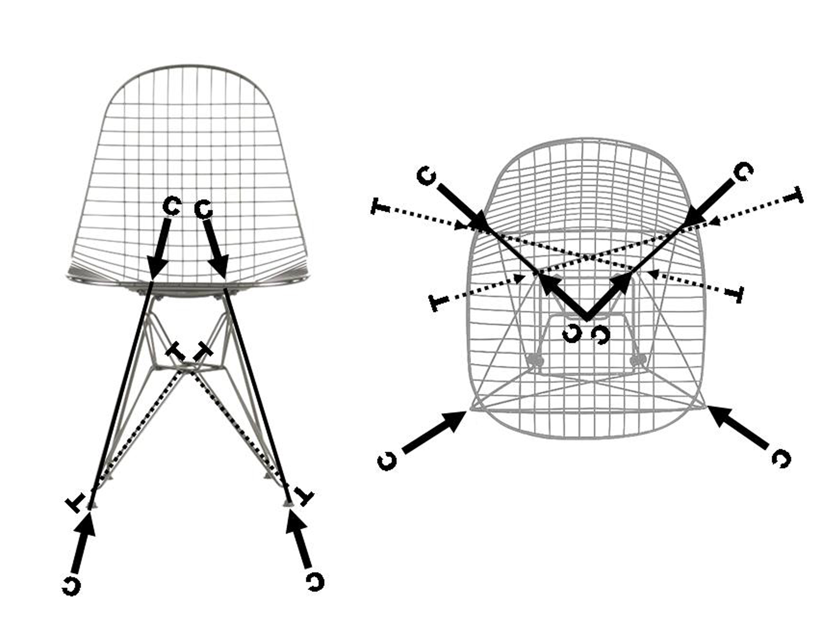 Dibujo y composici�n del autor Esquema de esfuerzos (tracci�n y compresi�n) en la Wire Chair de Charles Eams, ejemplo de falsa tensegridad