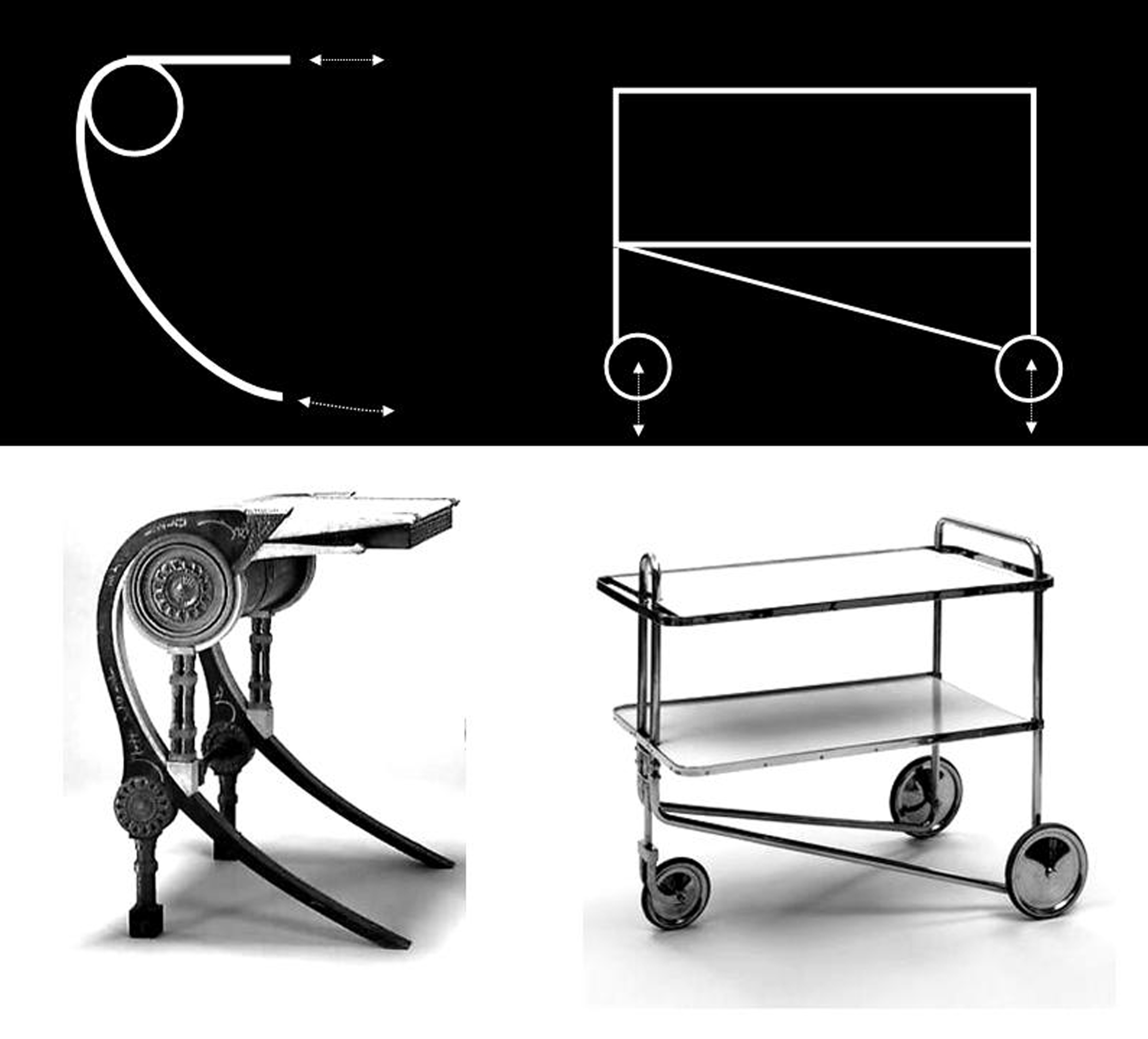 Escritorio, Carlo Bugatti, 1902. Carrito auxiliar B54, Marcel Breuer, 1928. 