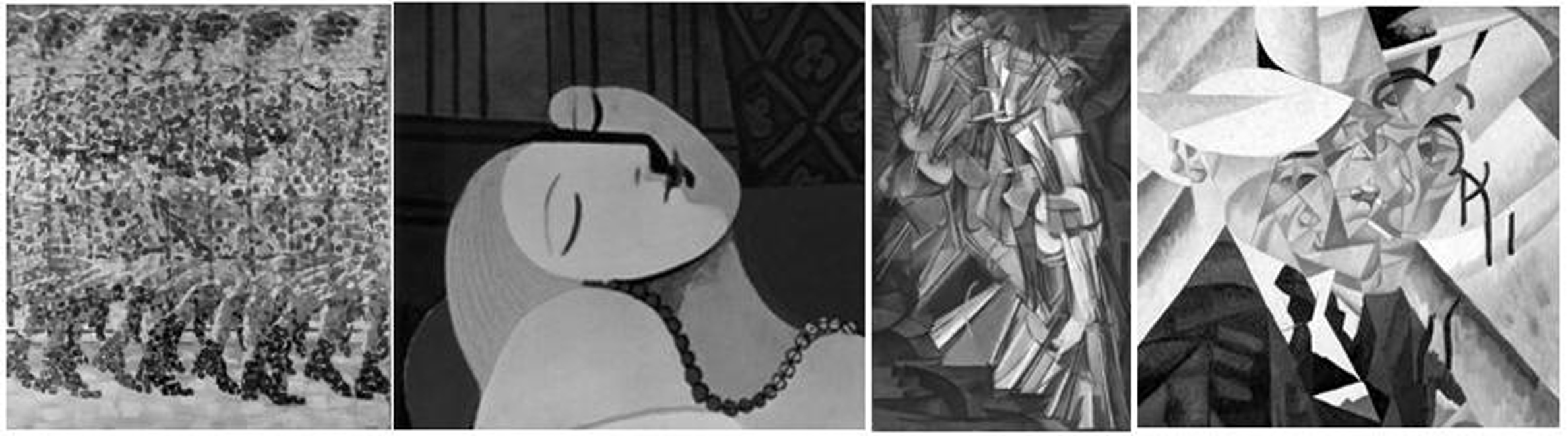 Ragazza che corre su balcone, Giacomo Balla, 1912.El sue�o, Pablo Picasso, 1932.Desnudo bajando la escalera, Marcel Duchamp, 1912. Autorretrato, Gino Severini, 1912. 