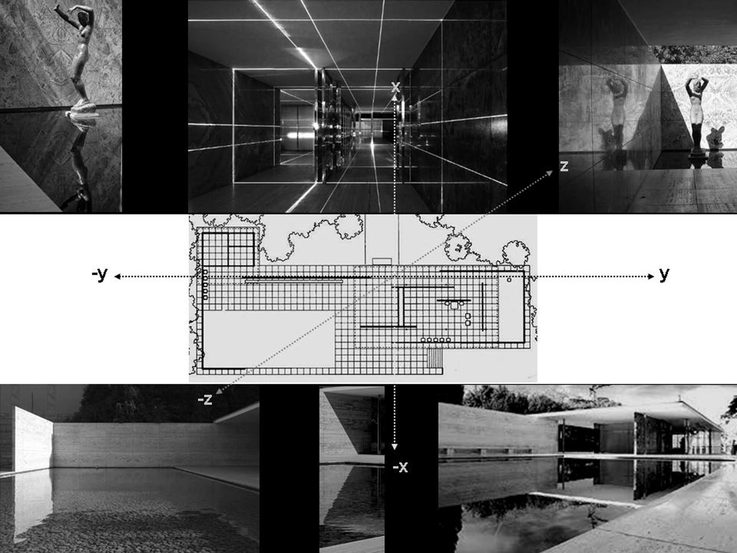 Dibujo y composici�n del autor. Fotos del Pabell�n Alem�n en Barcelona, 1929, de Mies van der Rohe. Foto de Geometr�a de luz, por Luftwerk & Iker Gil, transforma el pabell�n Mies van der Rohe, 2019. 