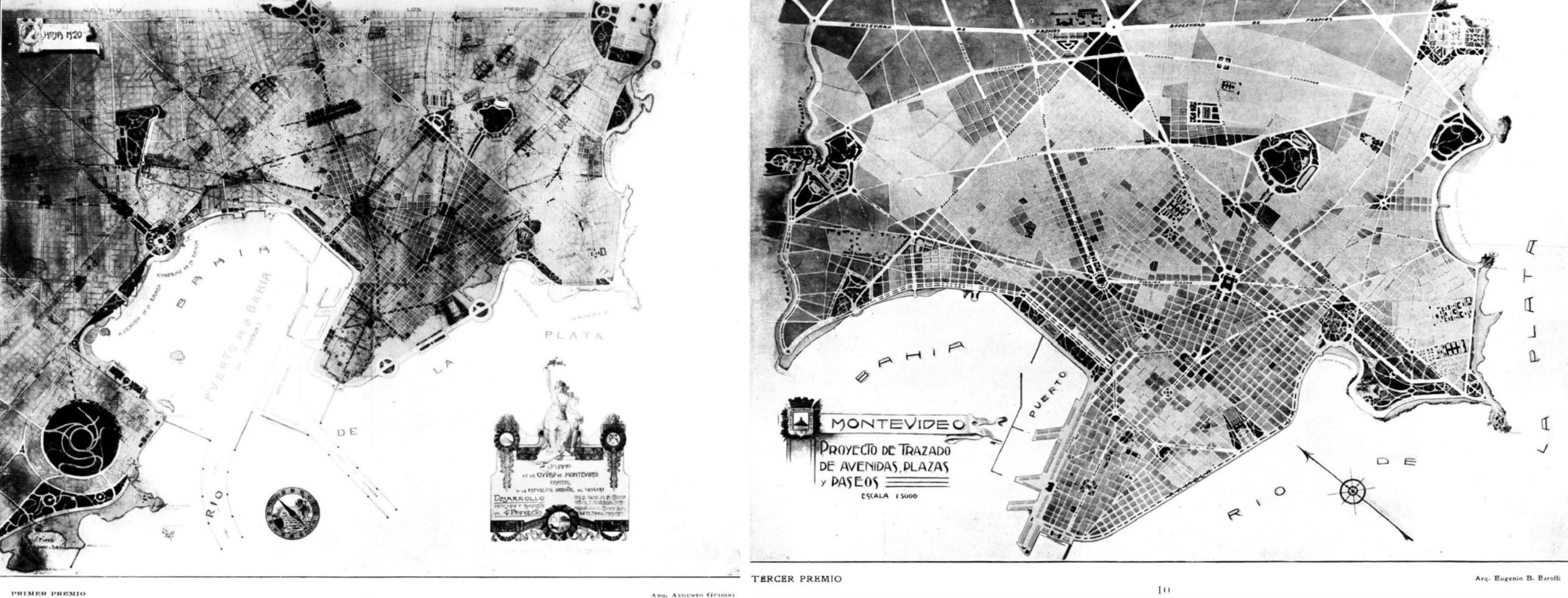 Primer premio en el Concurso internacional de proyectos para el trazado general de avenidas y ubicaci�n de edificios p�blicos en Montevideo. Autor: Augusto Guidini (izquierda). Tercer premio: Eugenio Baroffio (derecha).