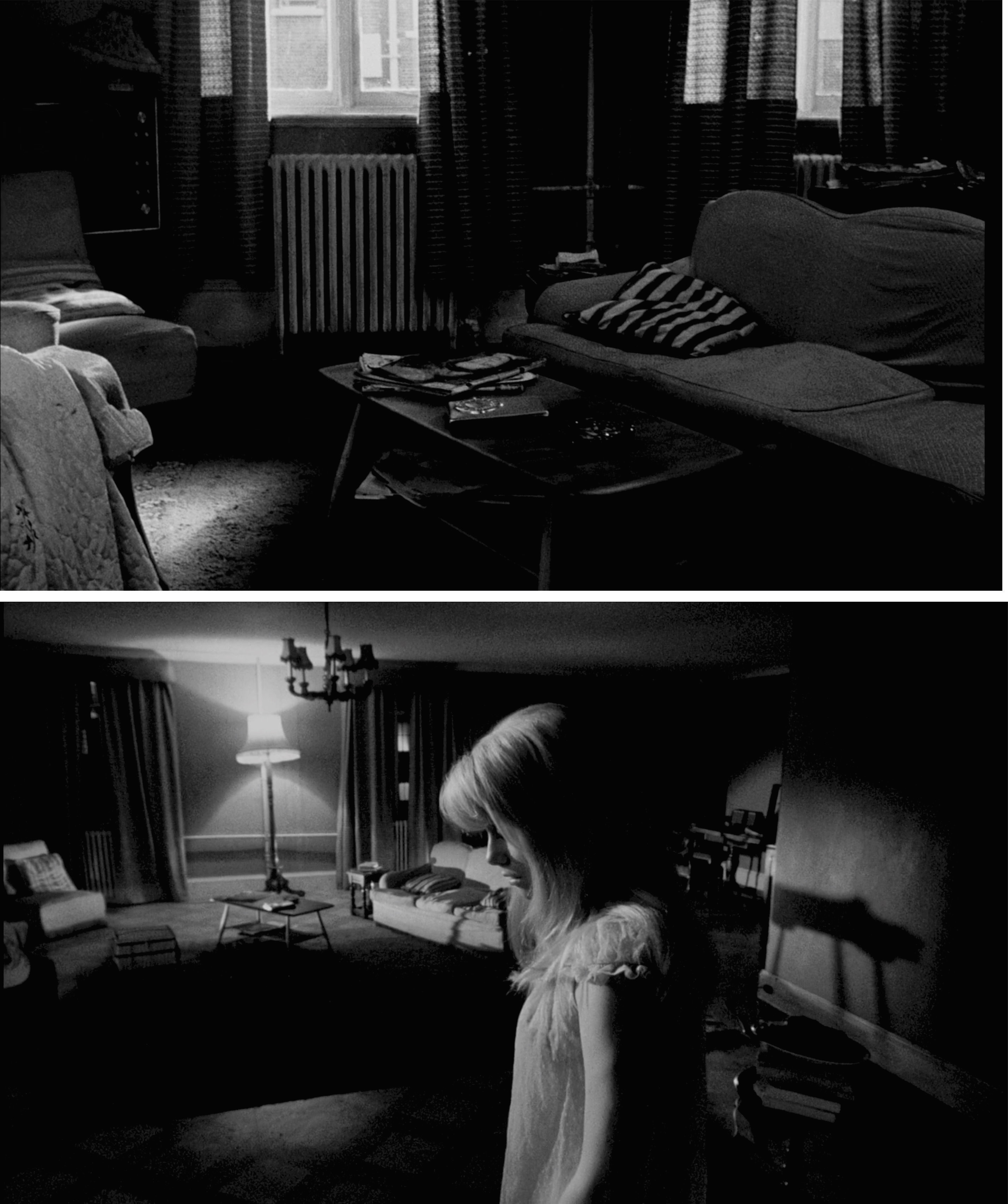 Fotogramas de Repulsión (1:13:31 y 1:16:30). Sala de estar real y e imaginada