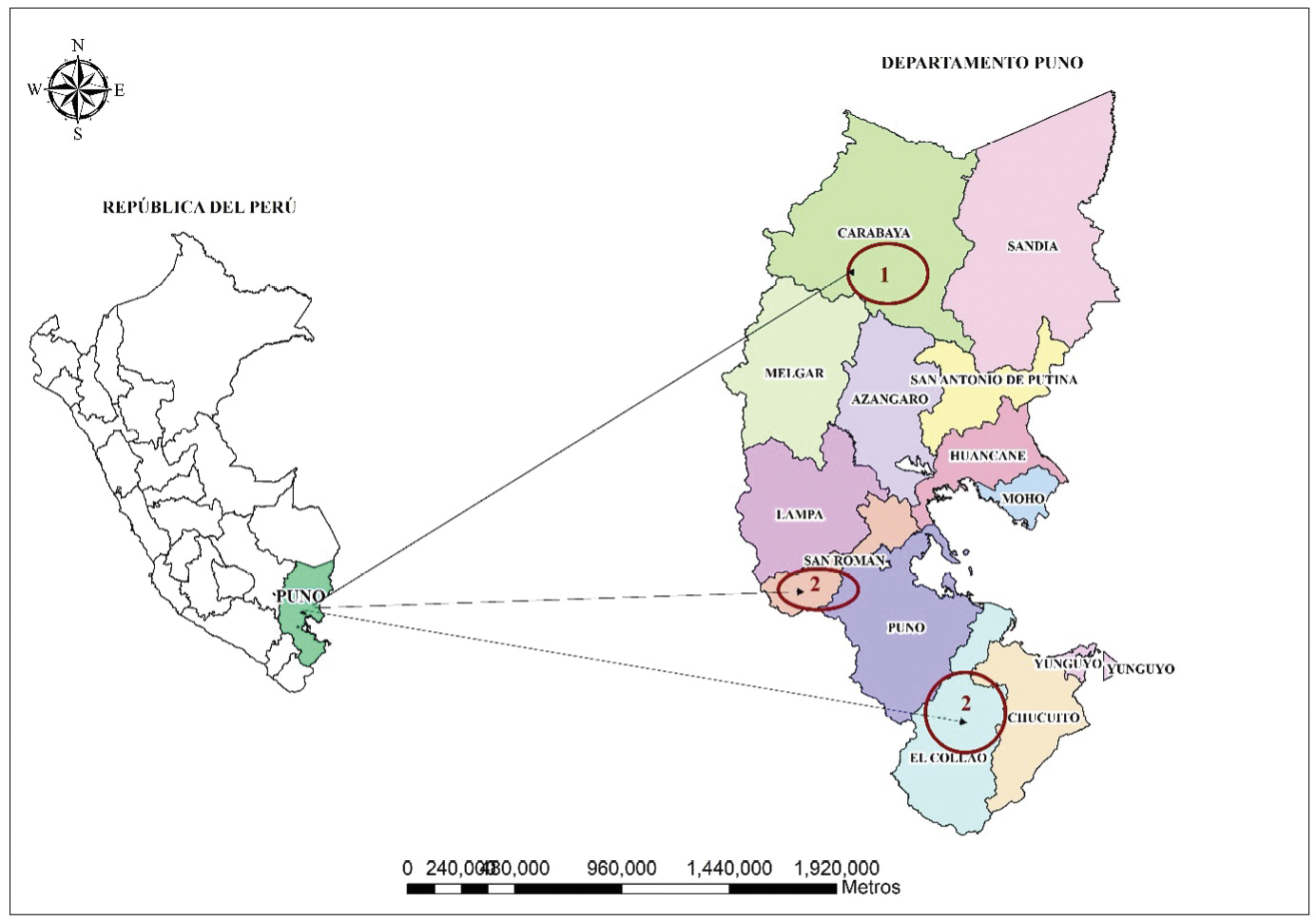 Ubicacin poltica de las comunidades campesinas en la regin Puno. 1. Puna hmeda 2. Puna seca.