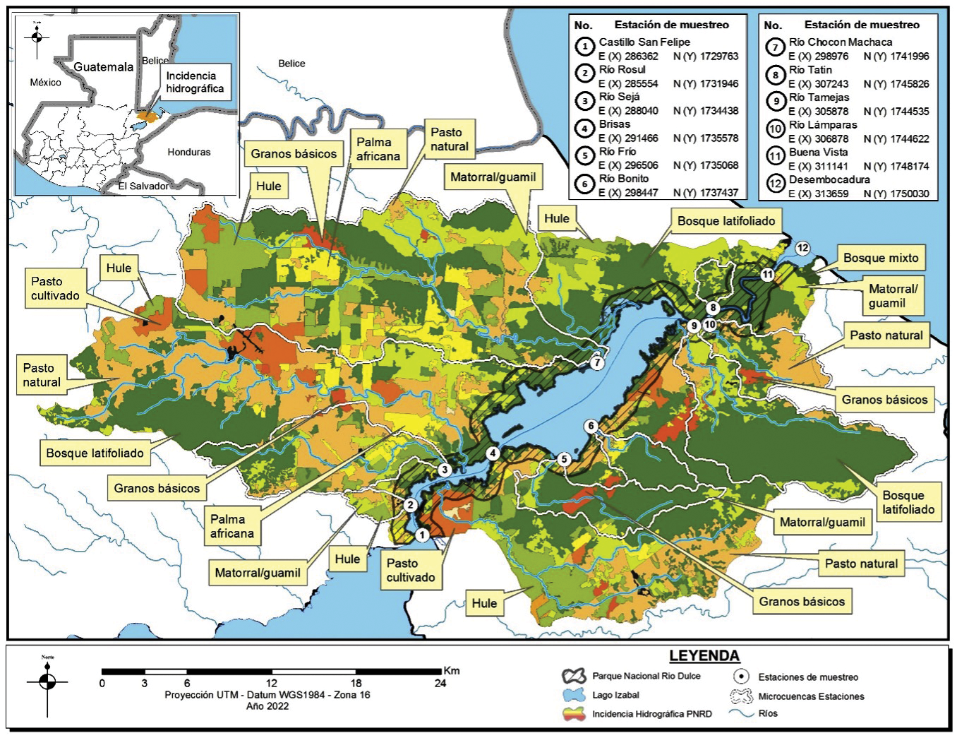 Estaciones de muestreo para evaluar la calidad de agua del Parque Nacional Ro Dulce.