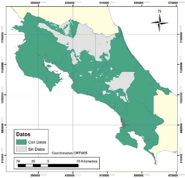 Zonas con datos de cohesin no drenada y peso unitario total para Costa Rica. 