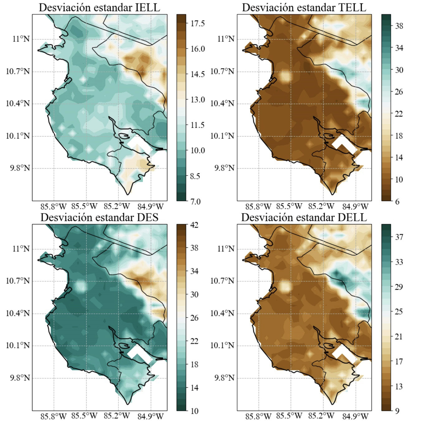 Desviaci�n est�ndar para las series de IELL TELL DES y DELL de la base de datos de ERA5CHIRPS en la regi�n de Guanacaste para el periodo 19502020