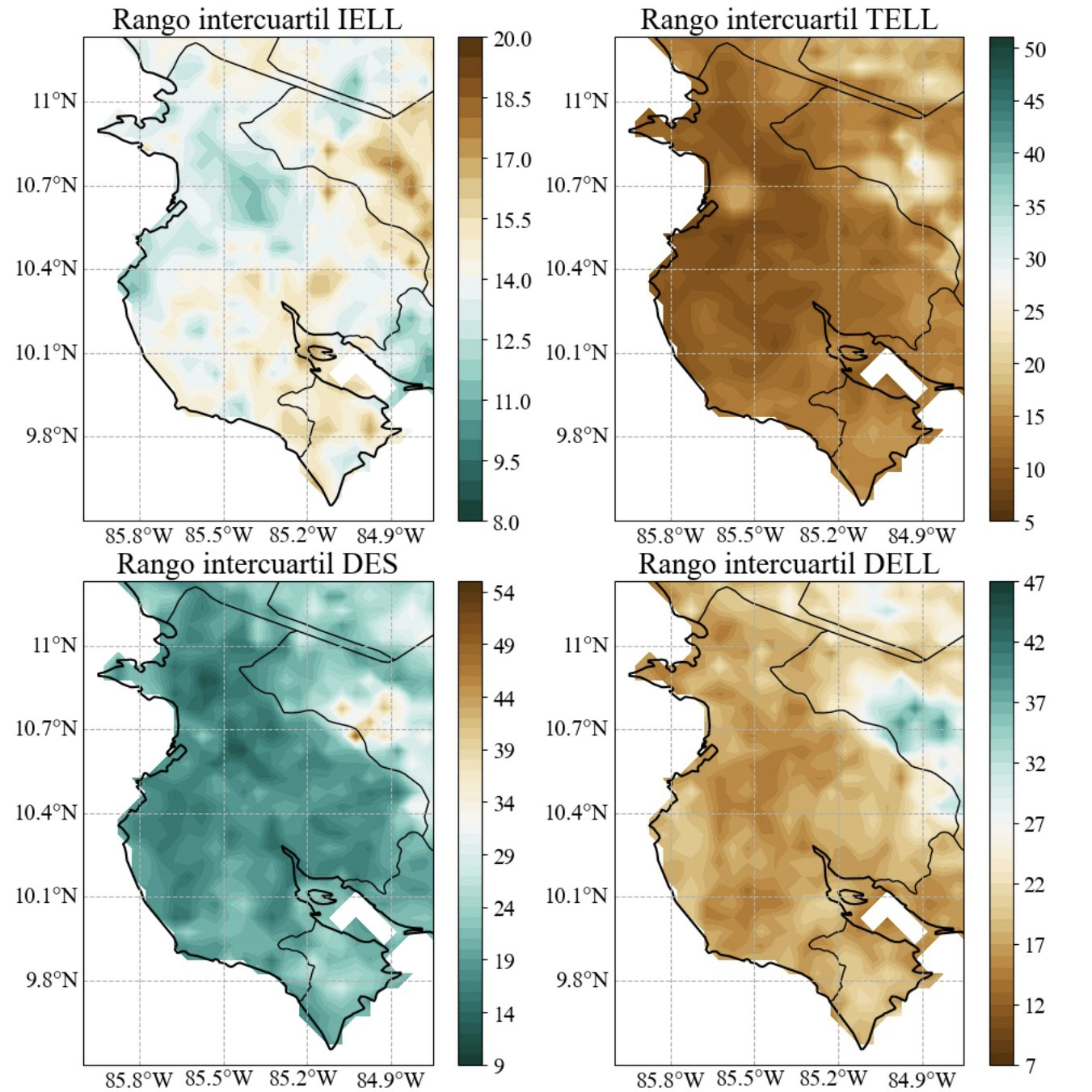 Rango Inter cuartil para las series de IELL TELL DES y DELL de la base de datos de ERA5CHIRPS en la regi�n de Guanacaste para el periodo 19502020