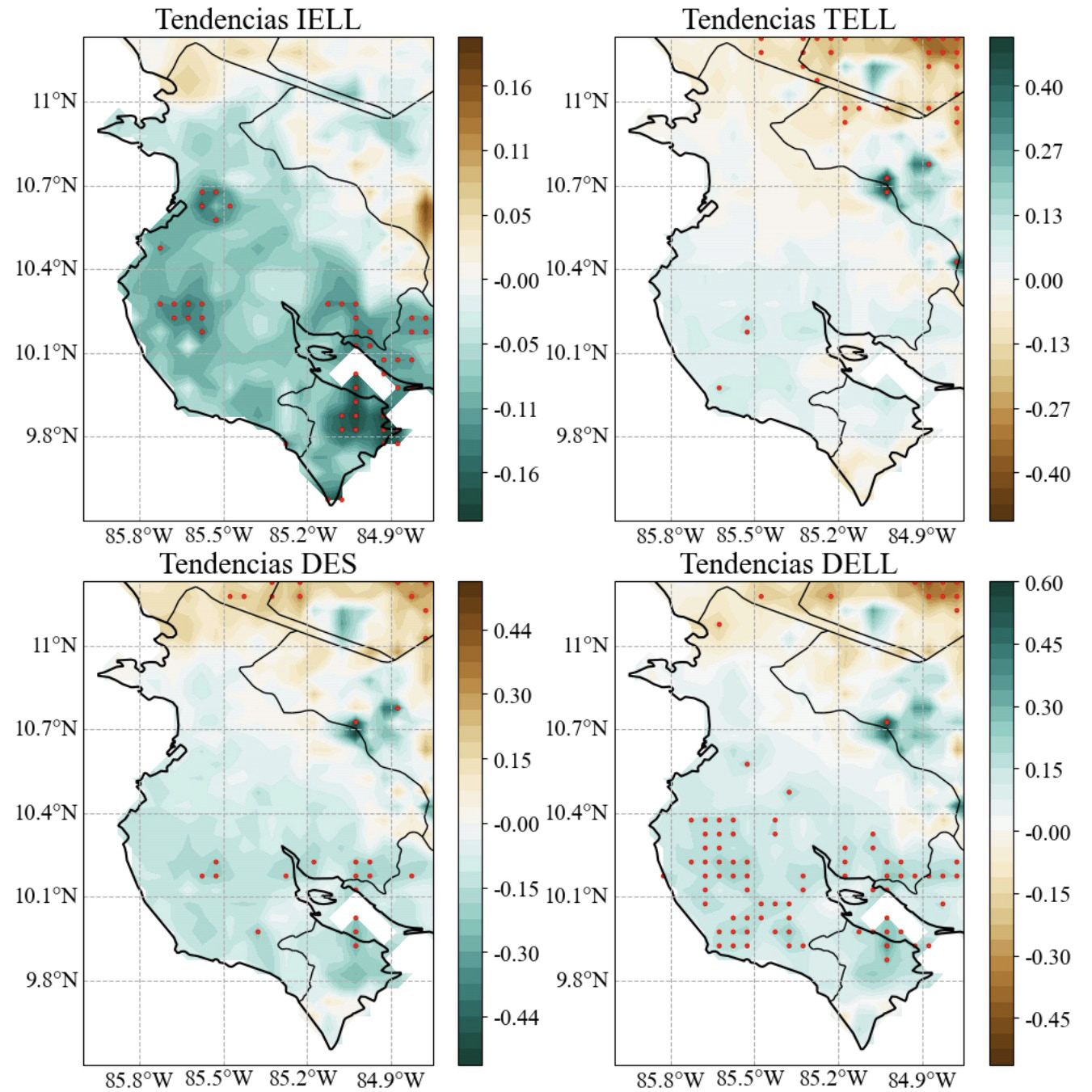 Tendencias para las series del IELL TELL DES y DELL de la base de datos de ERA5CHIRPS en la regi�n de Guanacaste para el periodo 19502020 con unidades de d�a a�o1 Los puntos rojos representan zonas con significancia estad�stica del 95% α  005