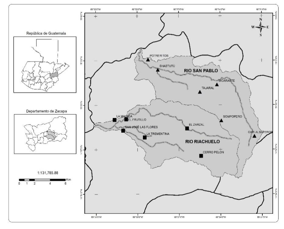 Mapa de ubicaci�n de las doce comunidades muestreadas a lo largo de las dos microcuencas de estudio r�o San Pablo y r�o Riachuelo en el departamento de Zacapa en Guatemala