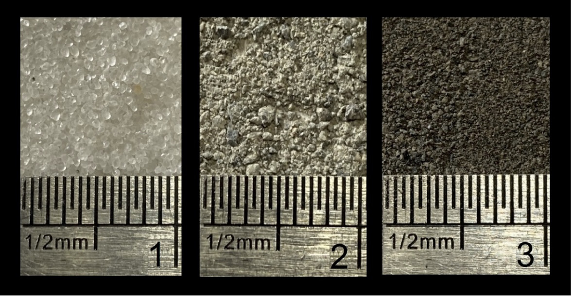 Fine aggregates selected for the experiments 1 Ottawa sand&mdash;A 2 river sand&mdash;B and 3 quarry sand&mdash;C The photographs have width 10 mm