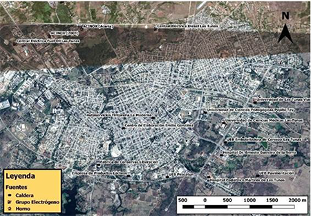 Ubicaciones de las fuentes fijas en la ciudad Las Tunas. (ARCGIS)