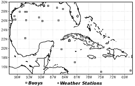 Buoys and weather stations used to evaluate the models of the system.