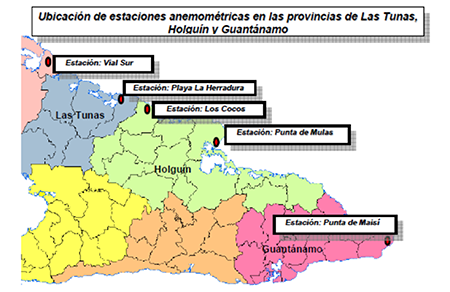 Ubicación de varias estaciones anemométricas incluida la de Los Cocos en Gibara, Holguín (Carrasco and Roque, 2009)