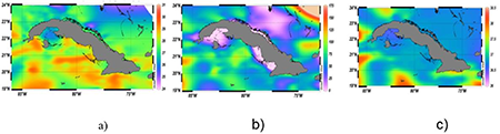 The annual average of the a) sea surface temperature, b) isothermal layer thickness and c) salinity maximum around Cuba