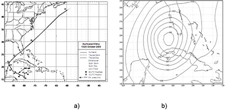 a)The track of the hurricane Wilma, b) The sea level pressure field on October 24/ 2005, at 06 hours UTC, when it was affecting the Havana Seafront, generating an extreme severe coastal flood