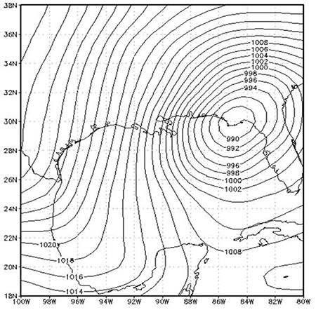 The extra-tropical cyclone circulation of March 13 /1993 at 00 hours UTC, when it was affecting the Havana Seafront, generating an extreme severe coastal flood